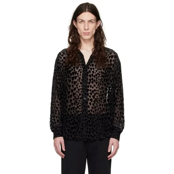 AMI Alexandre Mattiussi Black Heart Motif Button Shirt NEW Silk Blend Size 39 - Picture 1 of 5